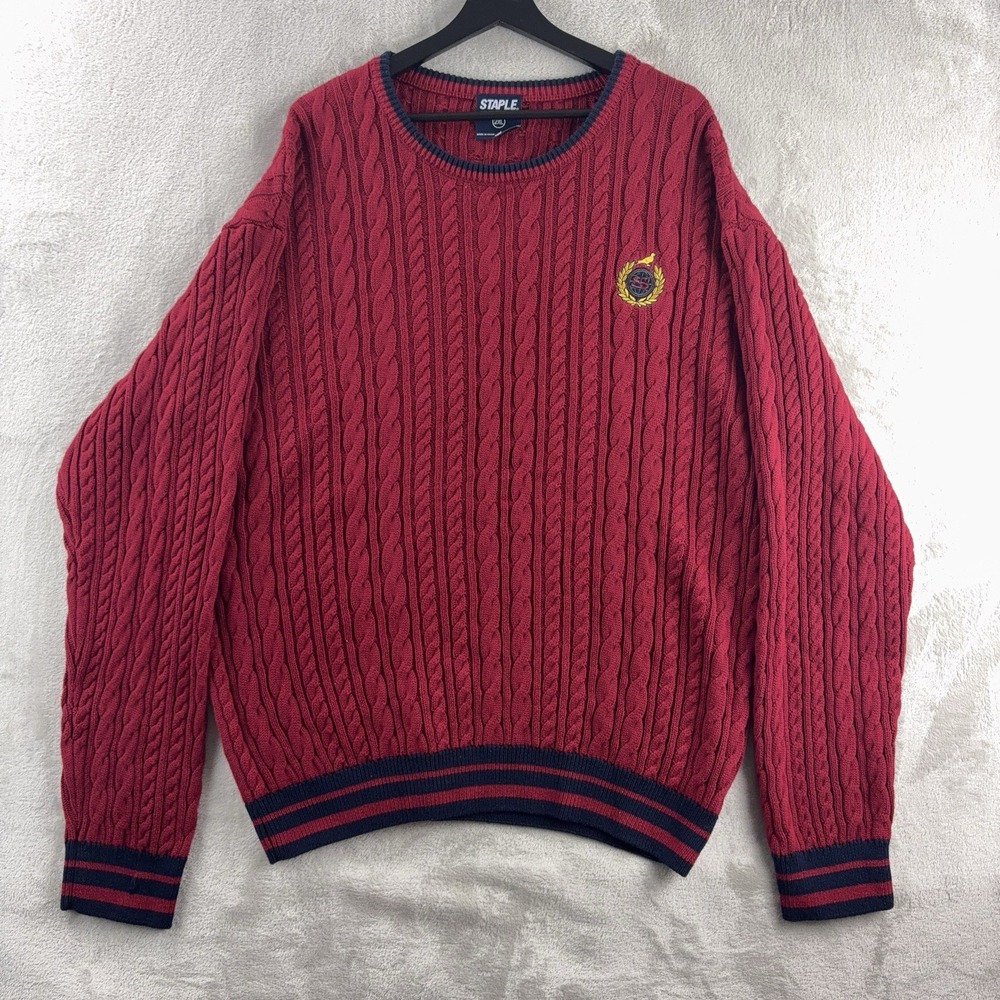 Staple Sweater Mens Size 2XL Red Cable Knit‎ Crewneck Streetwear Casual Warm